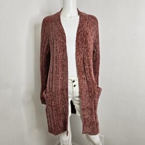 Miracle S/M Cardigan Open Front Chenille Pockets Chunky Knit Stretchy Dusty Red